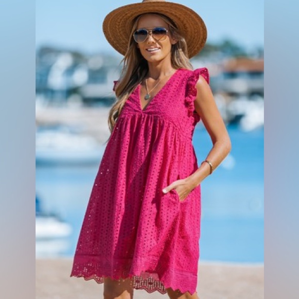 138. Women’s Fuchsia Cotton Eyelet Pocketed Lined Dress NWT.  Never worn